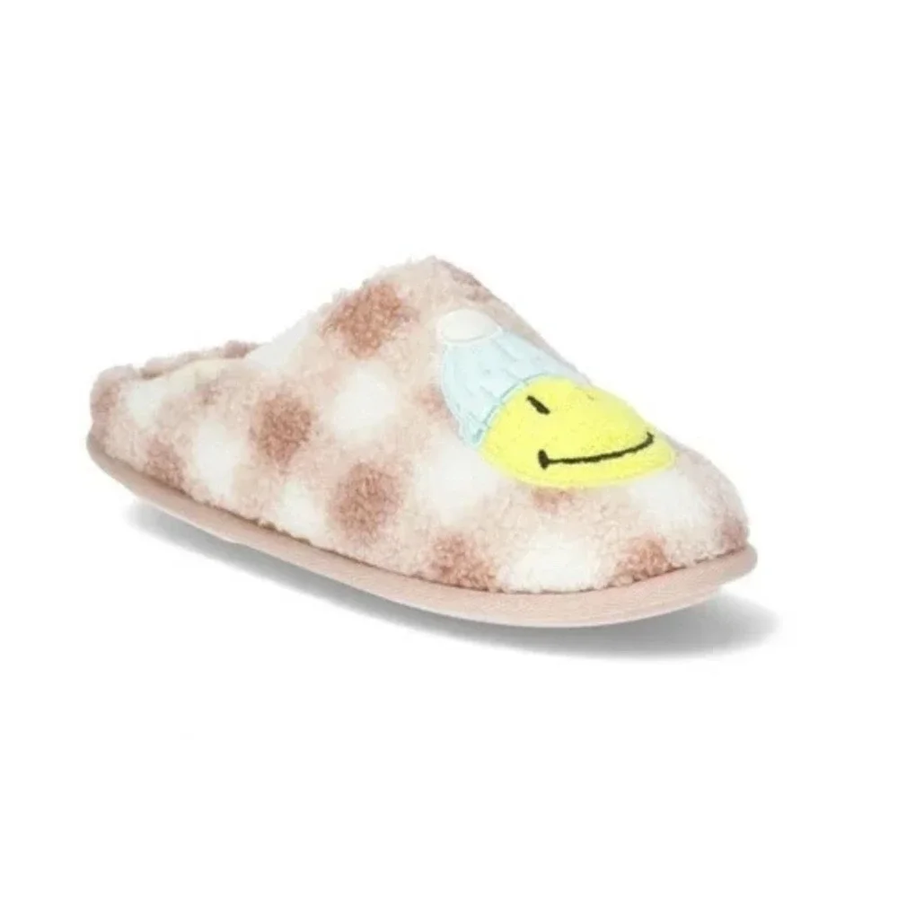 DAKOTA FLEECE Girl's Smiley Cozy Comfort Pink Checkered Slippers, Size 13-1 NWT